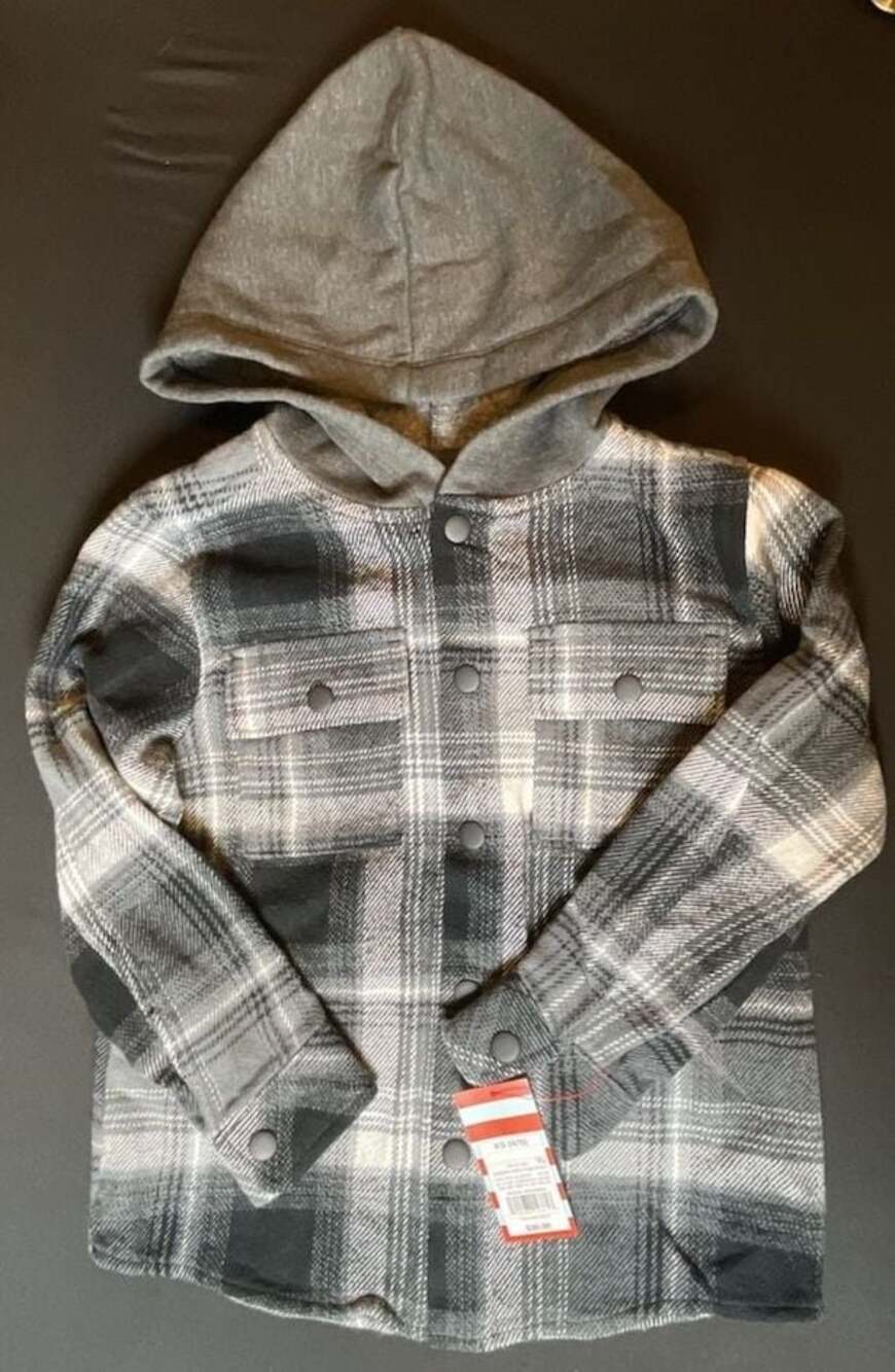 Cat & Jack Charcoal White Plaid Hooded Flannel Jacket XS 4/5